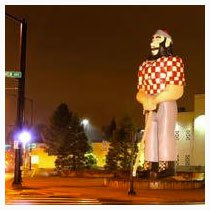 Kenton neighborhood with statue of Paul Bunyan